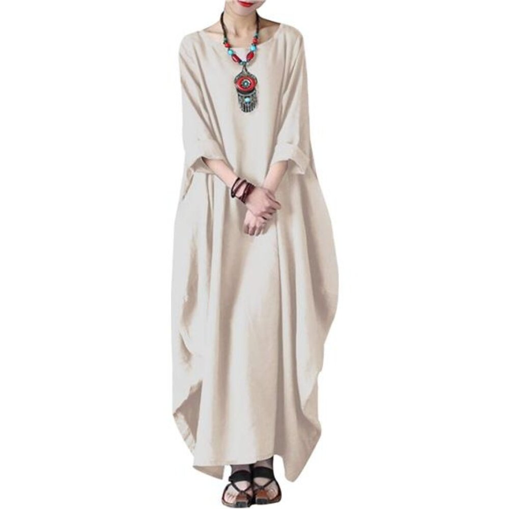 Women's Autumn Solid Loose Long Maxi Dress Cotton Caftan